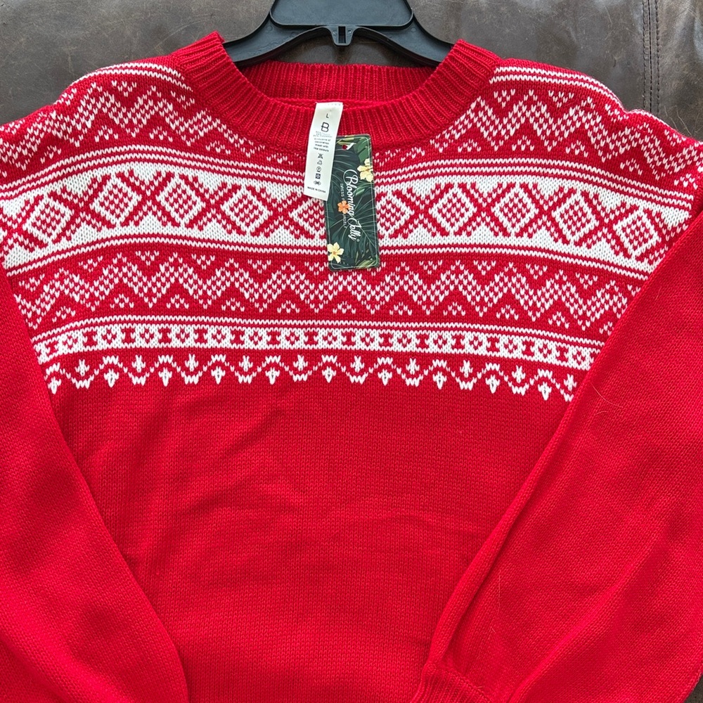 Red and White Patterned Women’s Winter  Sweater